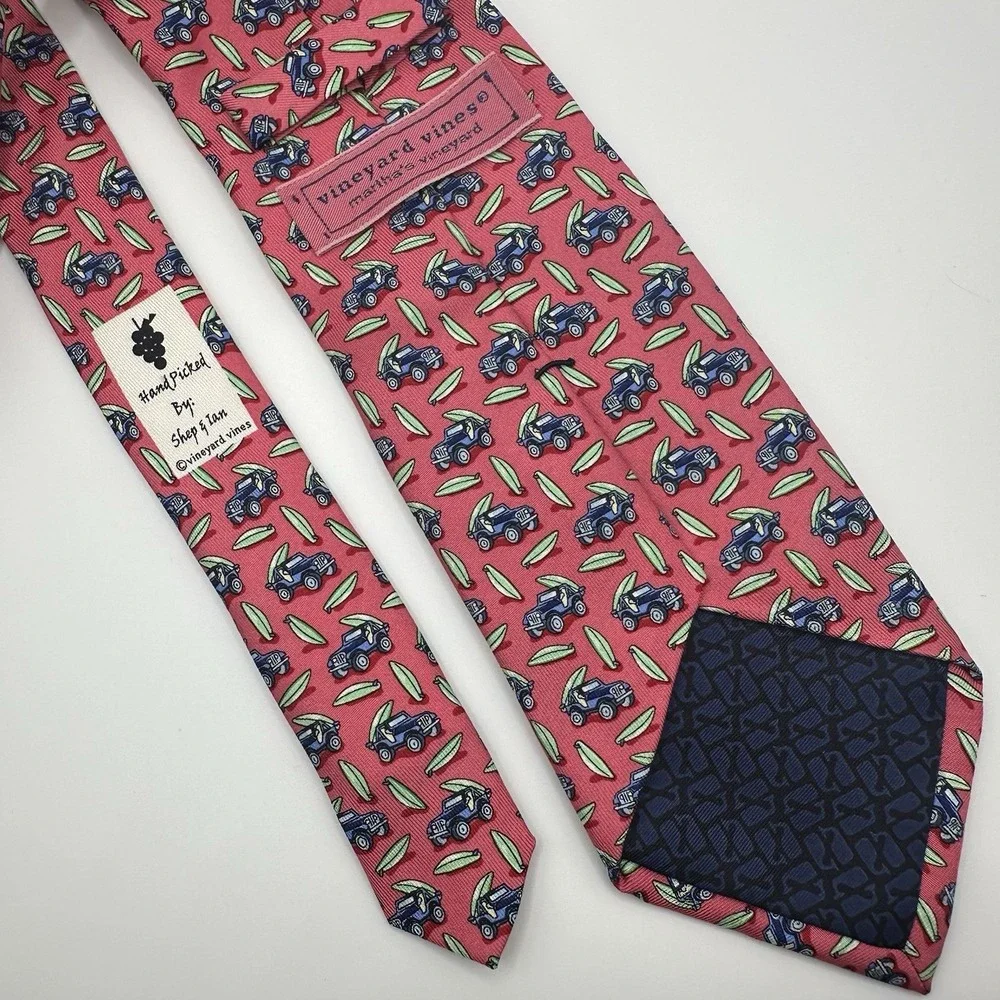 Vineyard Vines Mens Tie 100% Silk Pink with Blue Jeeps and Surf‎ Boards